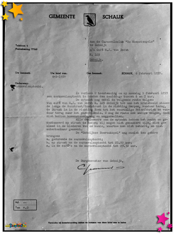 Vergunning voor carnavalsoptocht Schaijk - 1959