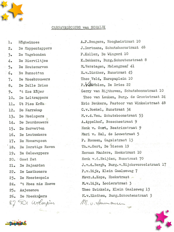1978 lijst carnavalsclubs