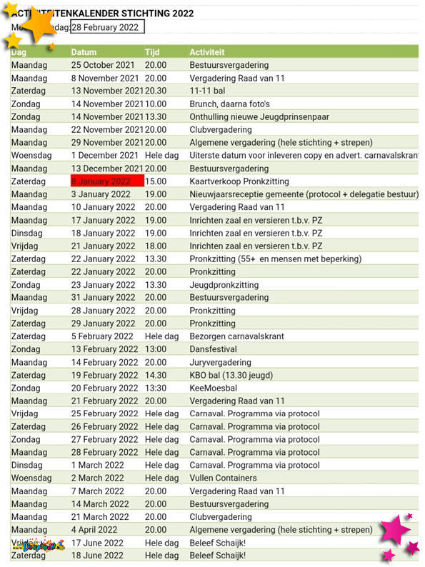 Activiteitenkalender Moesland Schaijk 2022